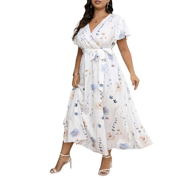Floral Midi Plus-Size Dress V-Neck Belted Waist White Blue Spring Size 20 - Picture 4 of 7